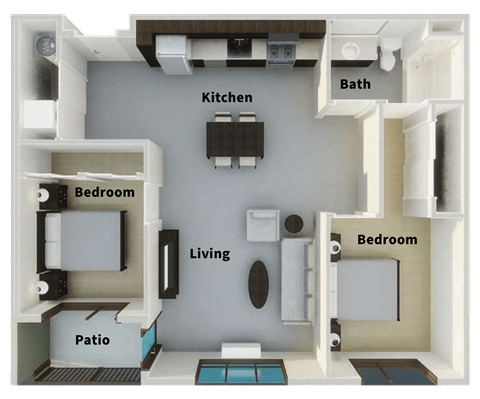 Floor plan for 2 beds, 1 bath, 879 sqft